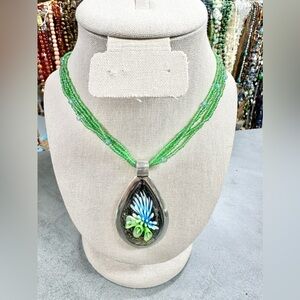 Muti Strand Glass Beaded Necklace With Sliver Tone Tear Drop Art Glass Pendant